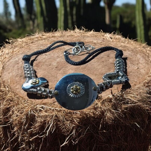Womens Large Hardware Chrome Disc Brass Flowers Black Cord 38\